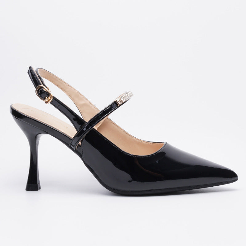 Moncelia black crystal strap slingback pumps, single shoe showing spool heel, women's sizes 4.5 to 9.5