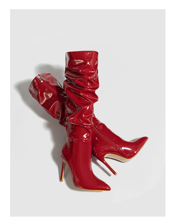 Moncelia red ruched patent knee-high boots, pair shown from above, women's sizes 5 to 11.5