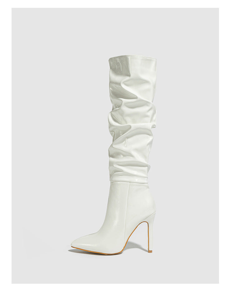 Moncelia ivory ruched patent knee-high boots, single boot in profile showing stiletto, women's sizes 5 to 11.5