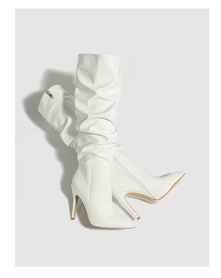 Moncelia ivory ruched patent knee-high boots, pair shown from above, women's sizes 5 to 11.5