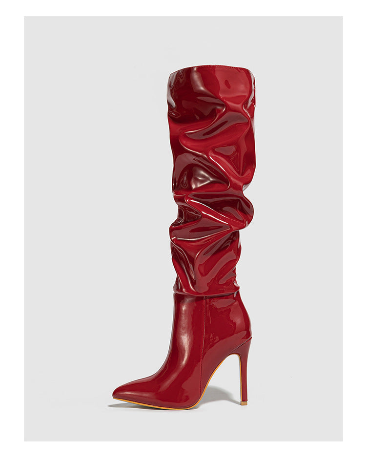 Moncelia red ruched patent knee-high boots, single boot in profile showing ruching, women's sizes 5 to 11.5