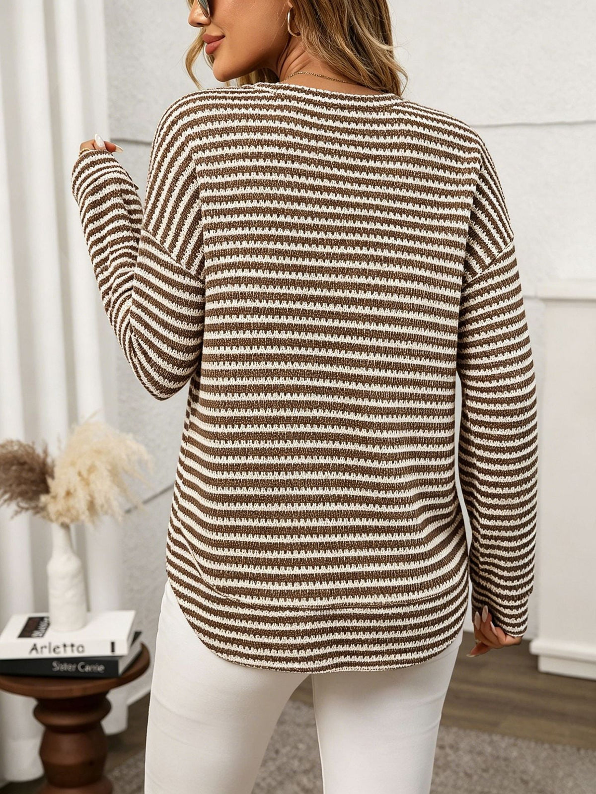 Moncelia Alvina Waffle-Knit Crewneck Long Sleeve Top