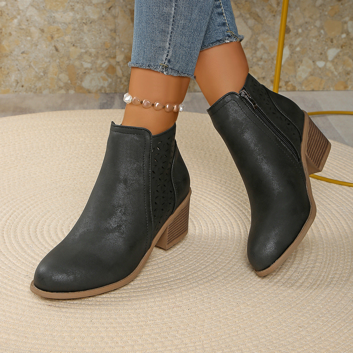 Moncelia Amalia Cutout Block Heel Ankle Boots