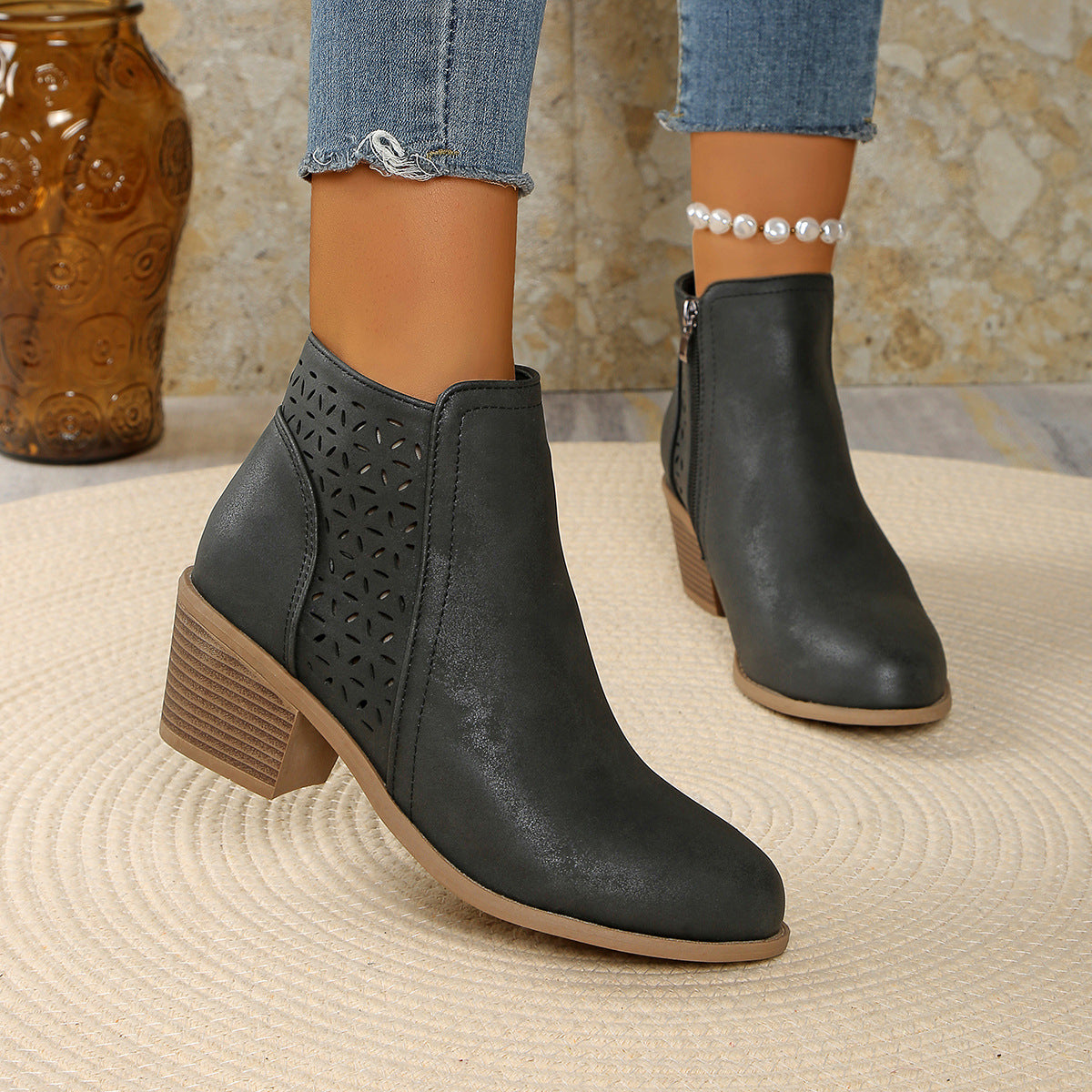 Moncelia Amalia Cutout Block Heel Ankle Boots