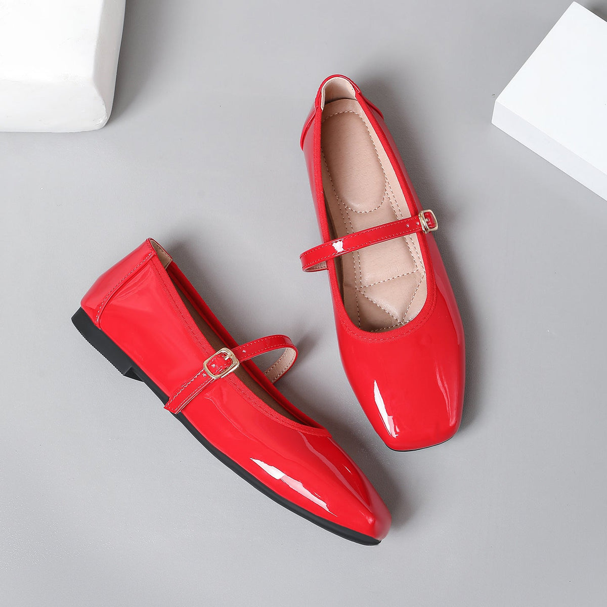 Moncelia red patent square toe Mary Jane flats, pair shown from above, women's sizes 5 to 12