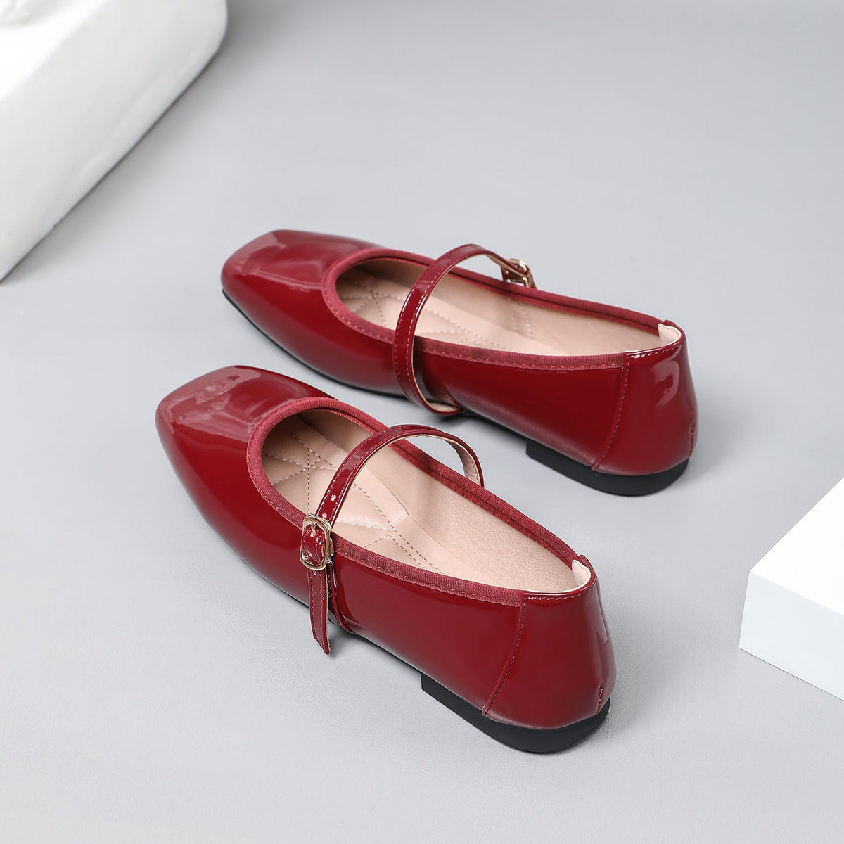 Moncelia burgundy patent square toe Mary Jane flats, close-up of the square toe, women's sizes 5 to 12