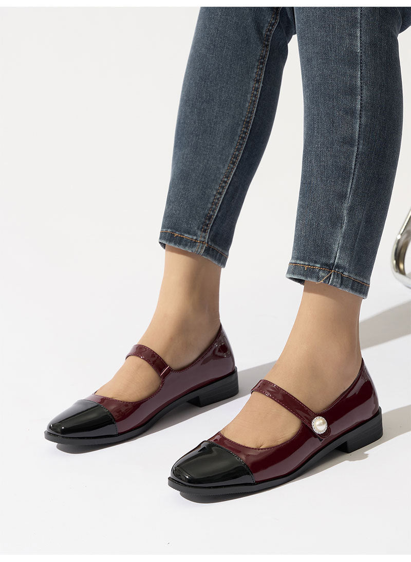 Moncelia burgundy cap toe pearl button Mary Janes, front view on model with jeans, women's sizes 5 to 12