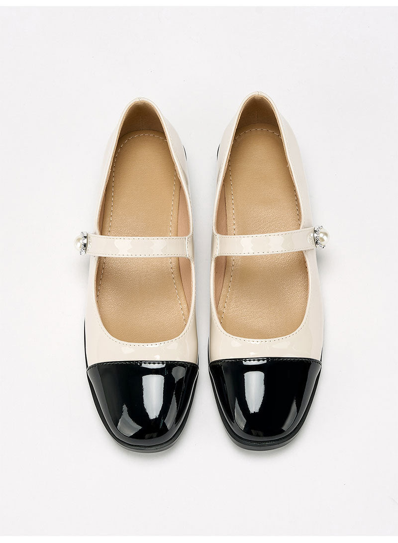 Moncelia ivory cap toe pearl button Mary Janes, pair shown from above, women's sizes 5 to 12