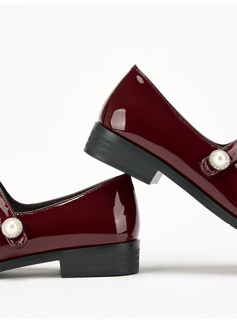 Moncelia burgundy cap toe pearl button Mary Janes, close-up of the pearl button strap, women's sizes 5 to 12