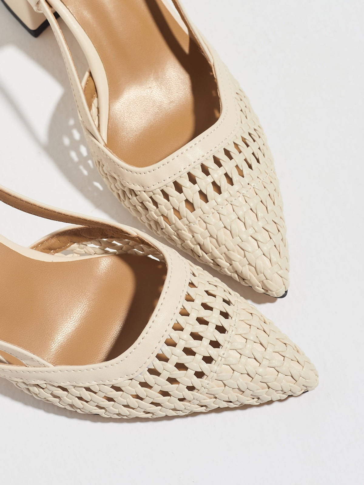 Moncelia cream woven block heel slingbacks, close-up of the woven pointed toe, women's sizes 5 to 12