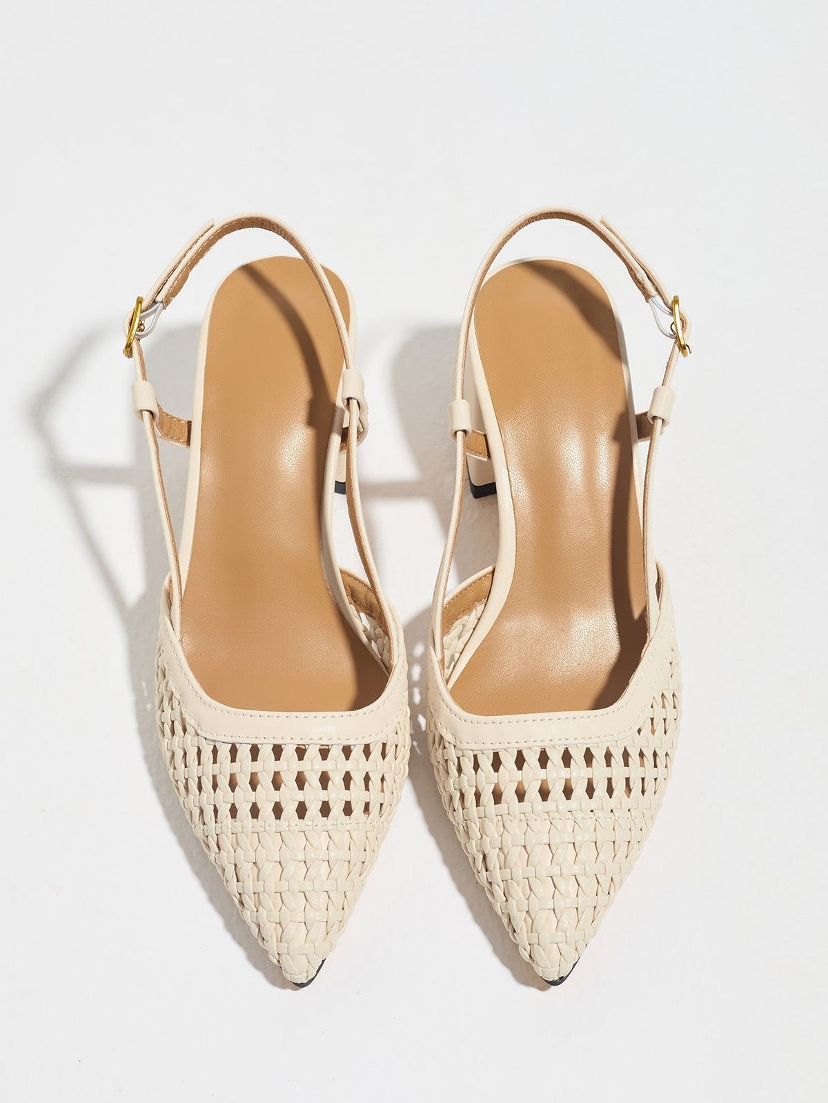 Moncelia cream woven block heel slingbacks, pair shown from above with open weave, women's sizes 5 to 12