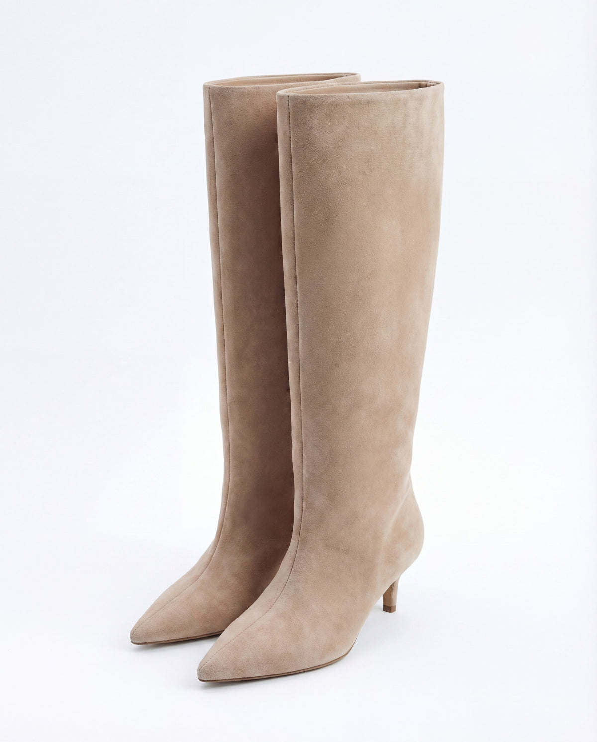 Moncelia beige pointed toe slim heel knee-high boots, pair shown from the front, women's sizes 5 to 12