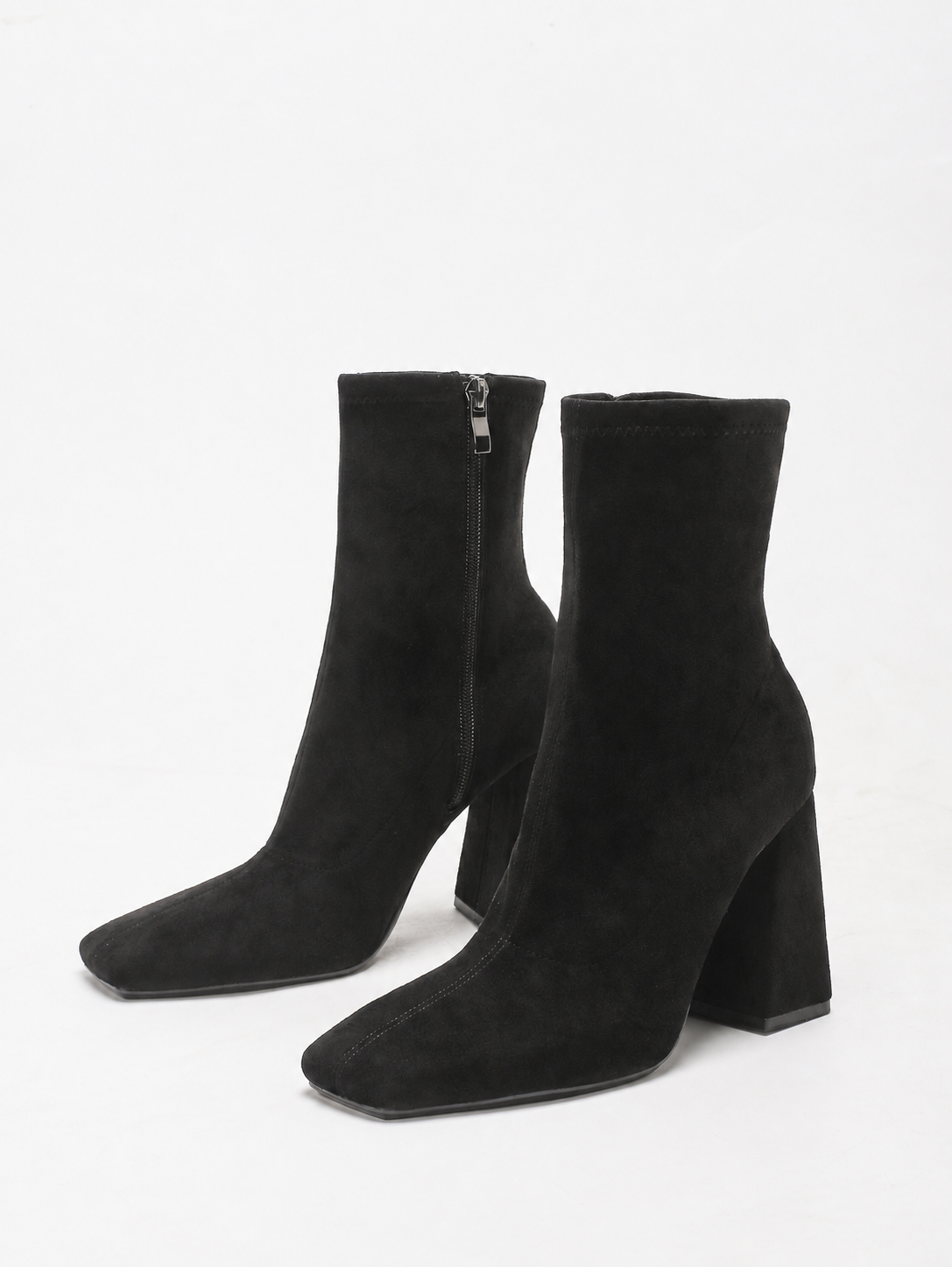 Moncelia black suede square toe flared heel booties, pair shown from the side, women's sizes 5 to 11.5