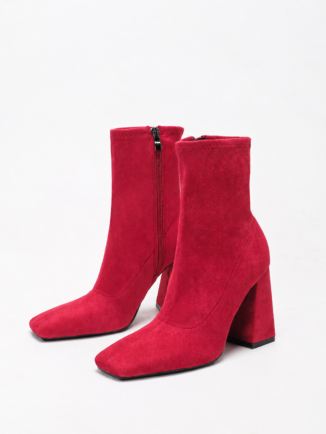 Moncelia red suede square toe flared heel booties, pair showing inner side zip, women's sizes 5 to 11.5