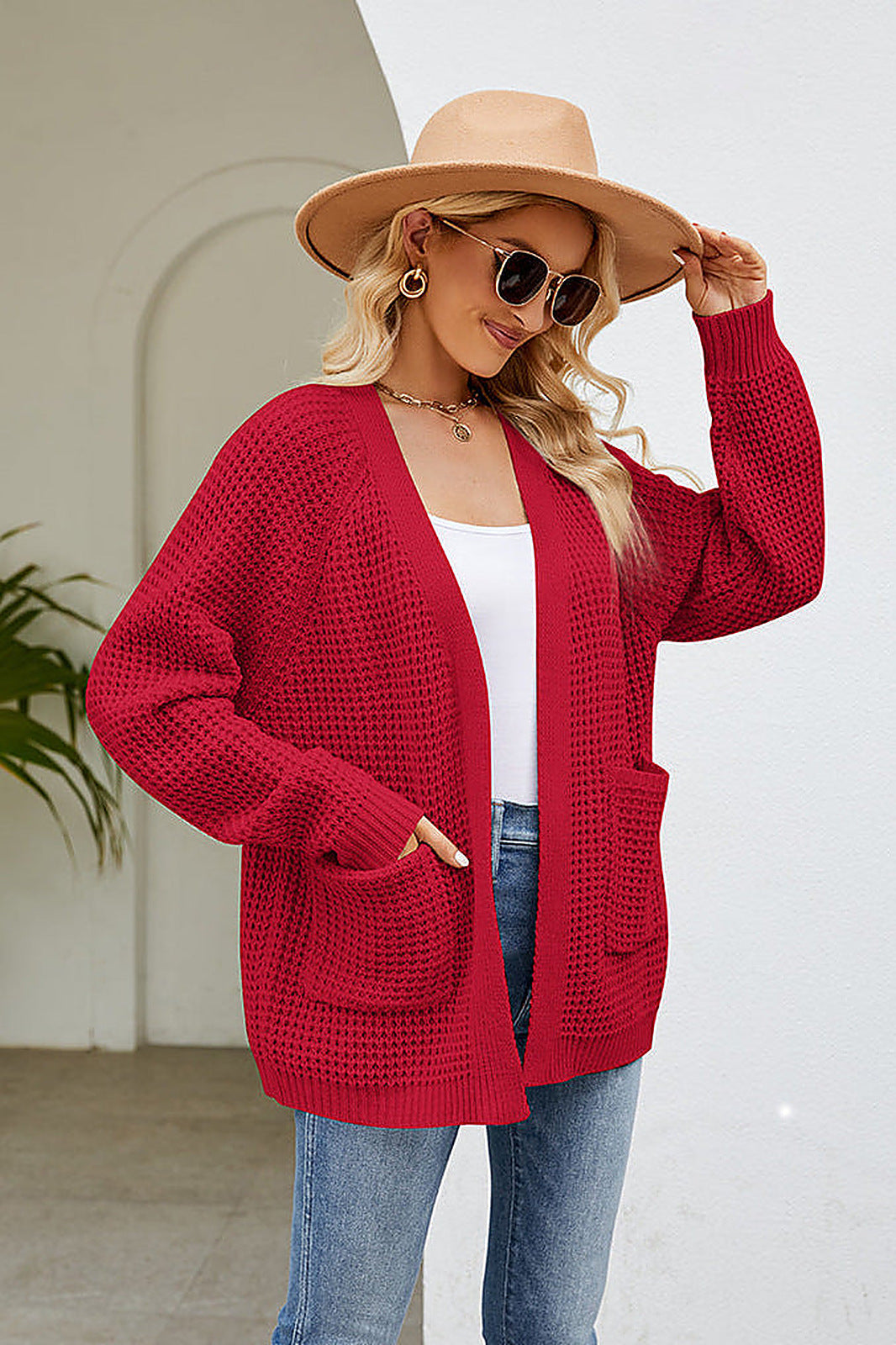 Moncelia Hilde Waffle Knit Open Front Cardigan