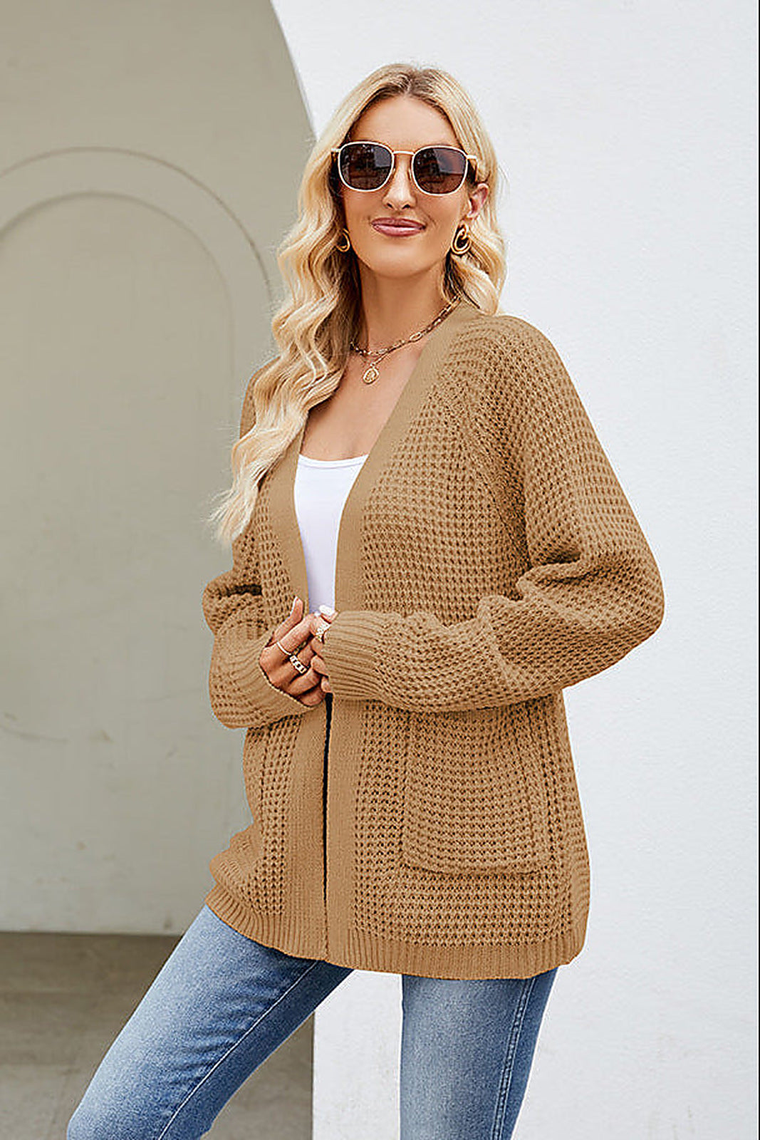 Moncelia Hilde Waffle Knit Open Front Cardigan
