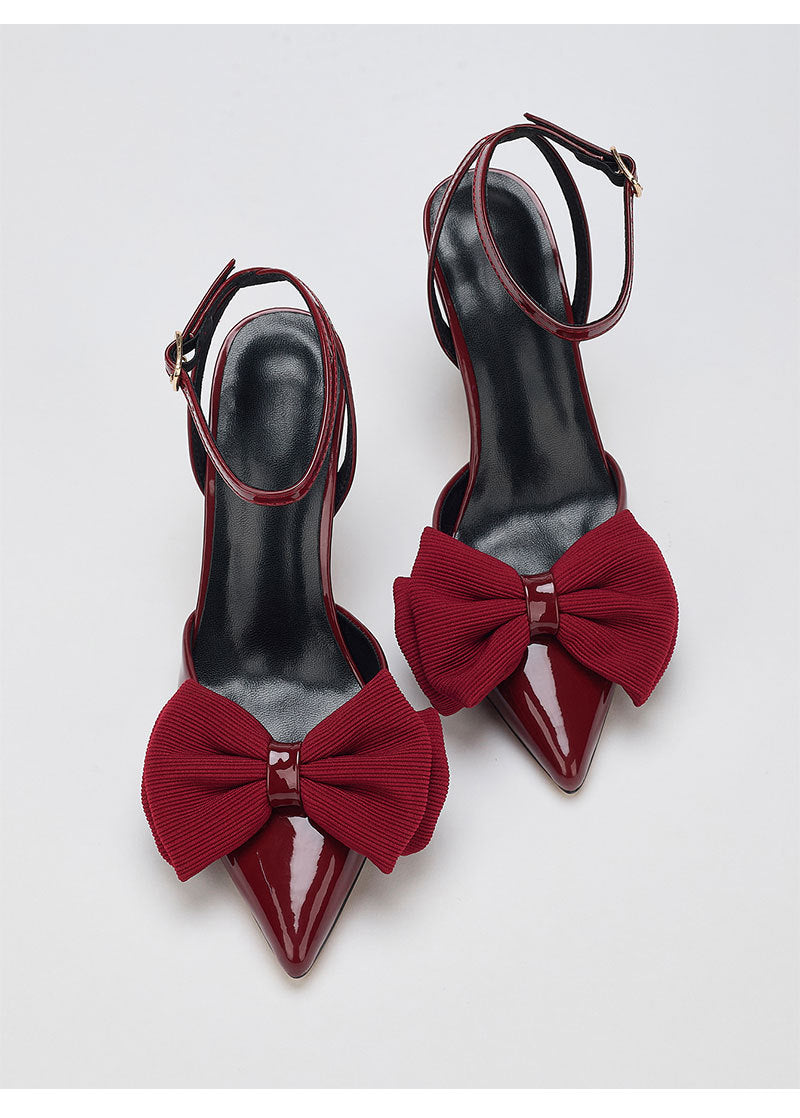 Moncelia burgundy grosgrain bow ankle strap pumps, pair shown from above showing bows, women's sizes 5 to 10.5