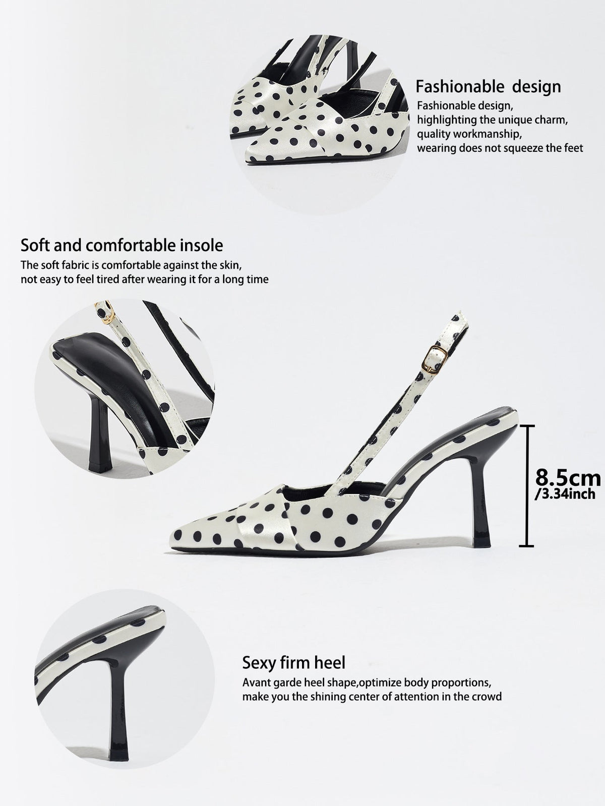 Moncelia ivory polka dot satin slingbacks, feature sheet showing insole and 8.5 cm heel, women's sizes 5 to 12