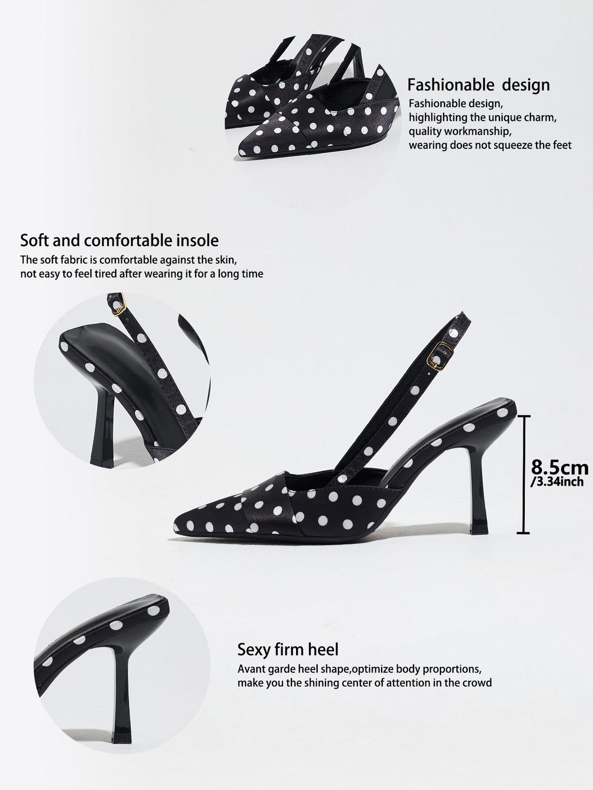 Moncelia black polka dot satin slingbacks, feature sheet showing insole and 8.5 cm heel, women's sizes 5 to 12