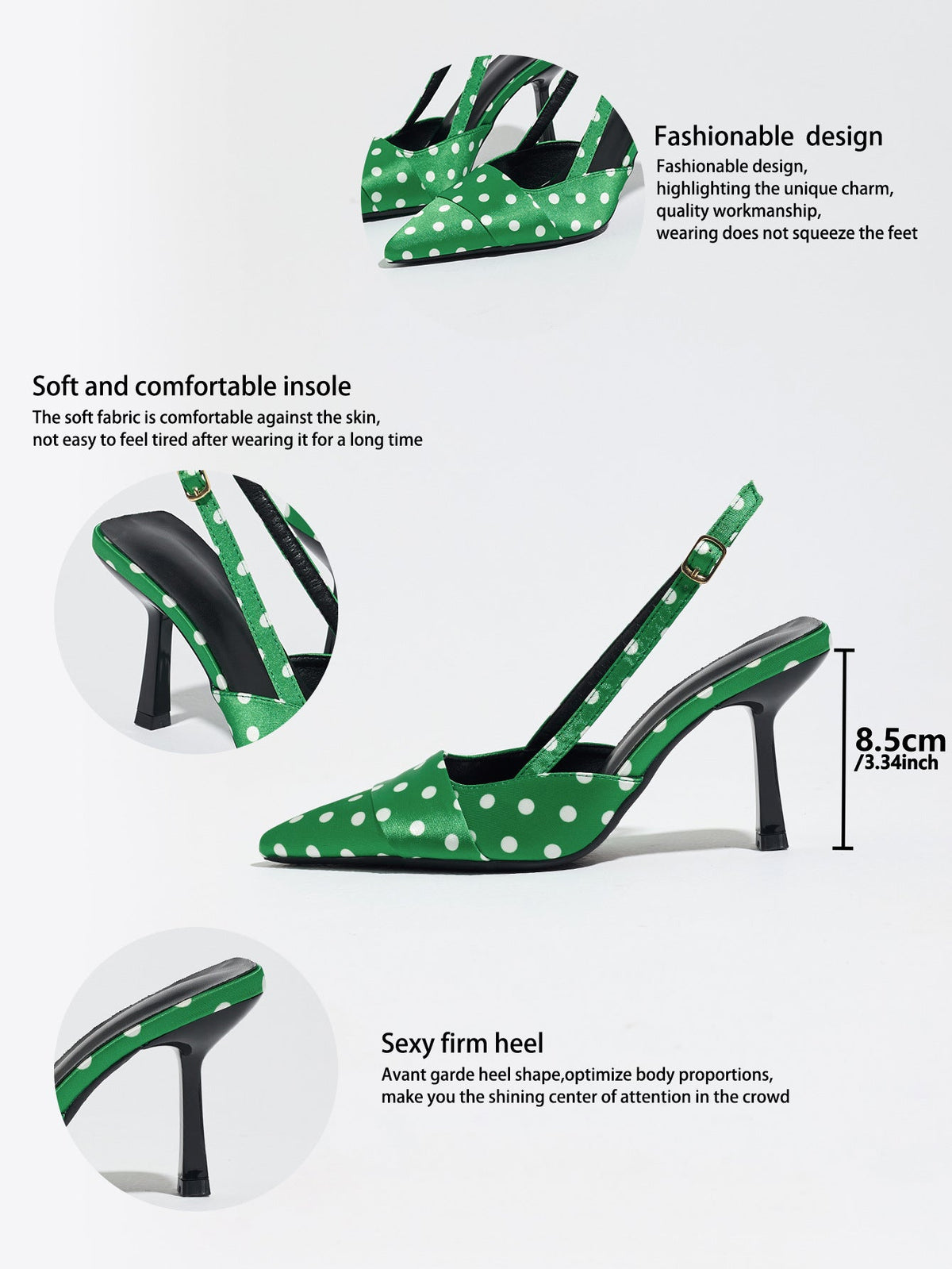 Moncelia green polka dot satin slingbacks, feature sheet showing insole and 8.5 cm heel, women's sizes 5 to 12