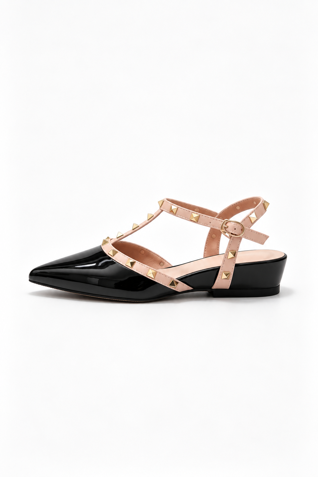 Moncelia black studded T-strap flats, single shoe showing buckled ankle strap, women's sizes 5 to 10.5