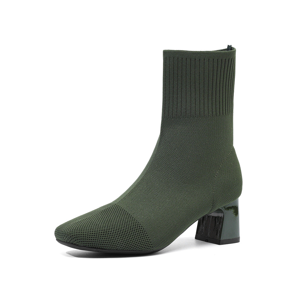 Moncelia green knit sock ankle boots, single boot in profile showing ribbed shaft, women's sizes 5.5 to 12