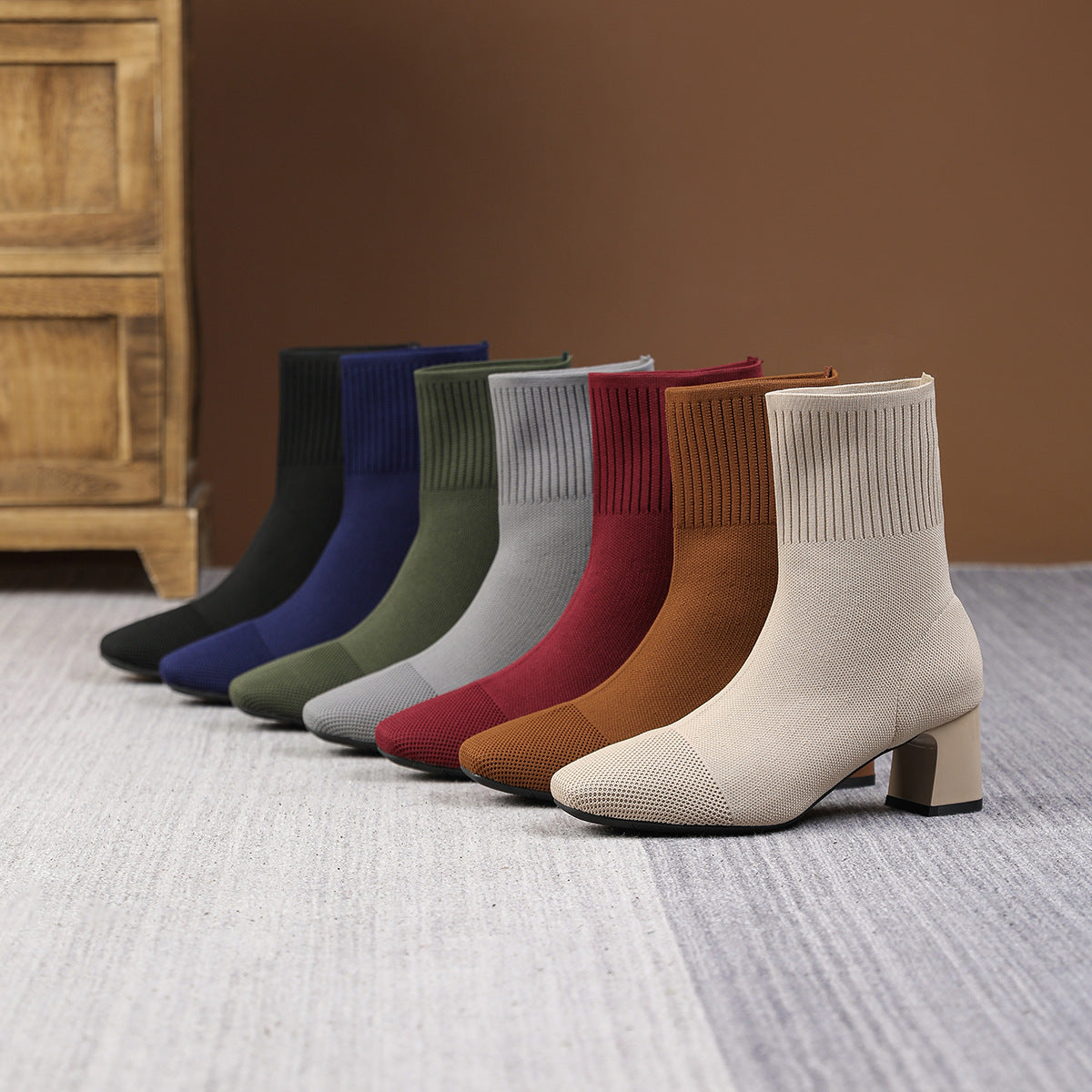 Moncelia apricot and black knit sock ankle boots, colour range lined up, women's sizes 5.5 to 12