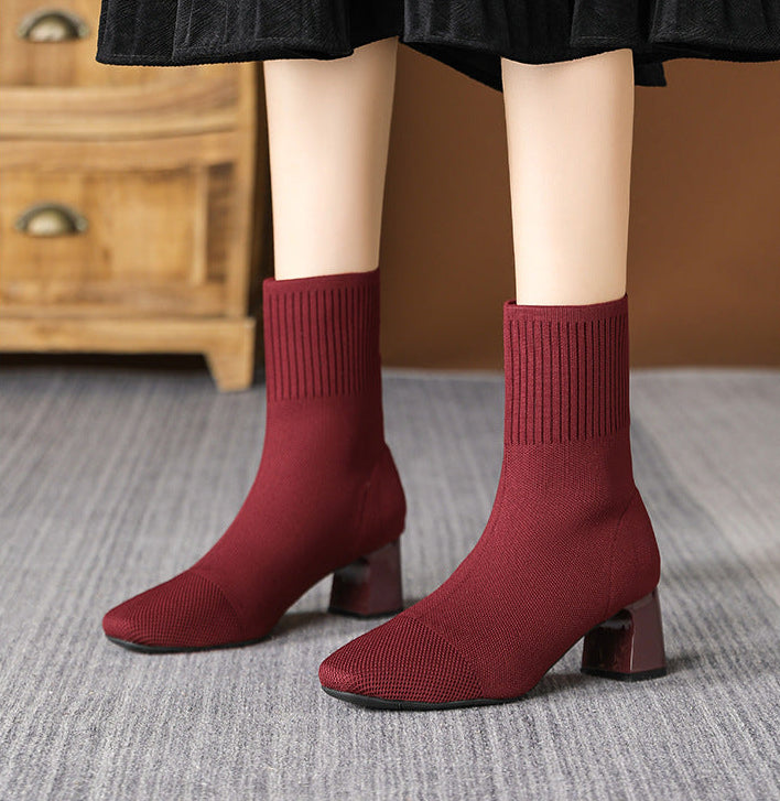 Moncelia burgundy knit sock ankle boots, pair worn standing, square toe in focus, women's sizes 5.5 to 12