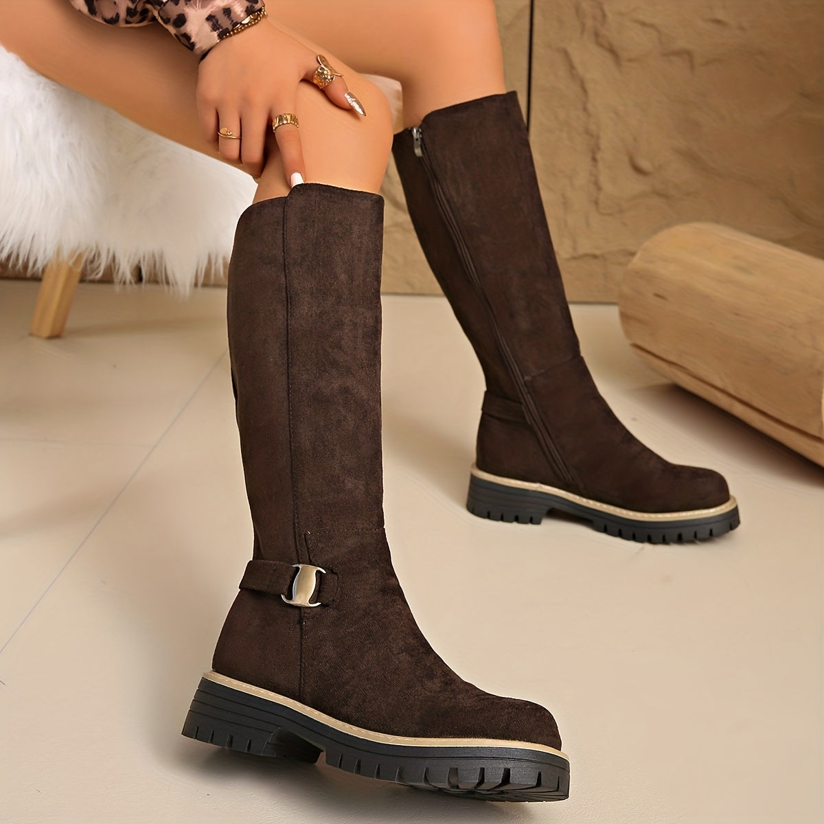 Moncelia Mirabel Lug Sole Faux Suede Knee High Boots