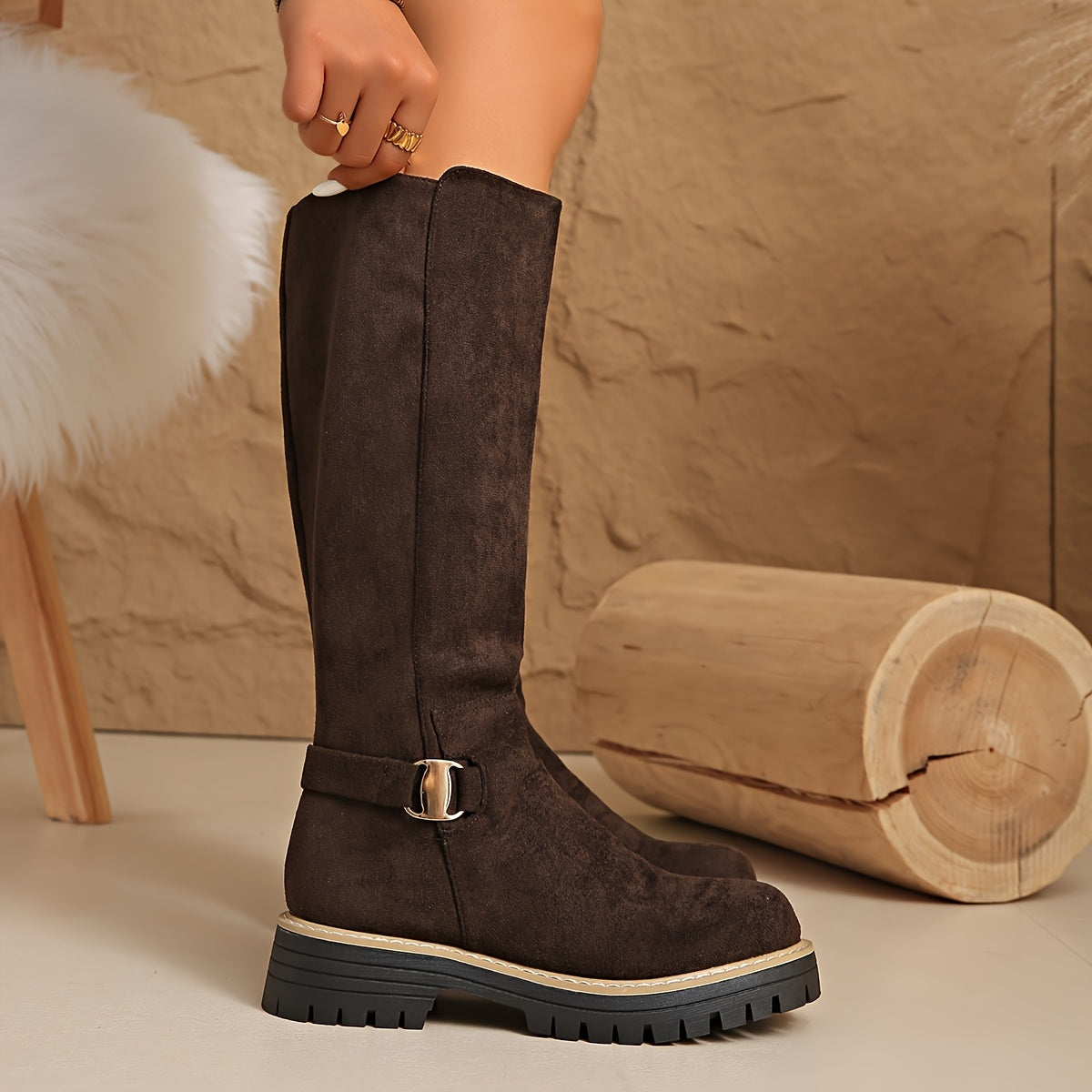Moncelia Mirabel Lug Sole Faux Suede Knee High Boots