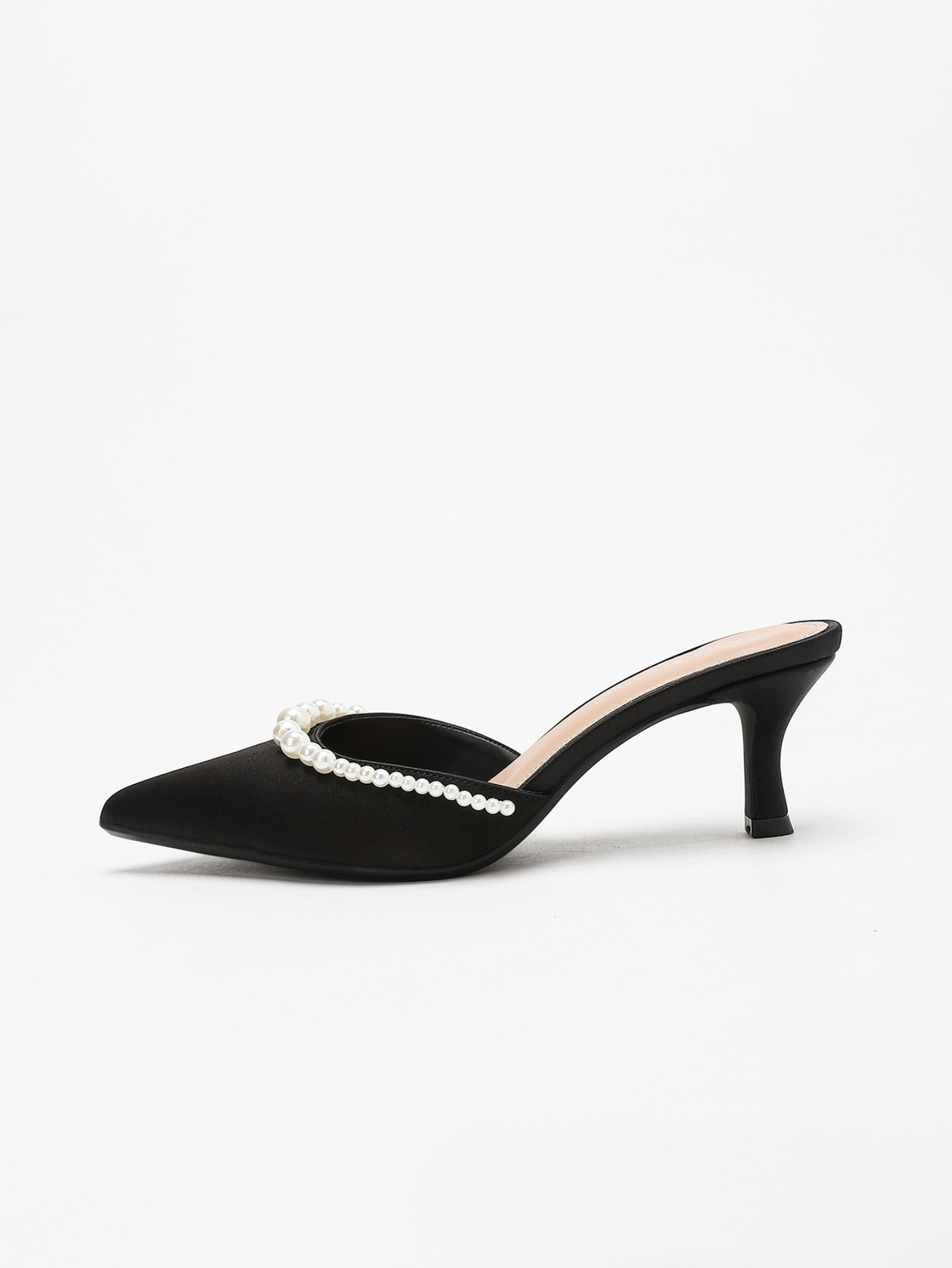 Moncelia black pearl trim satin mules, single mule in profile showing kitten heel, women's sizes 5 to 11.5