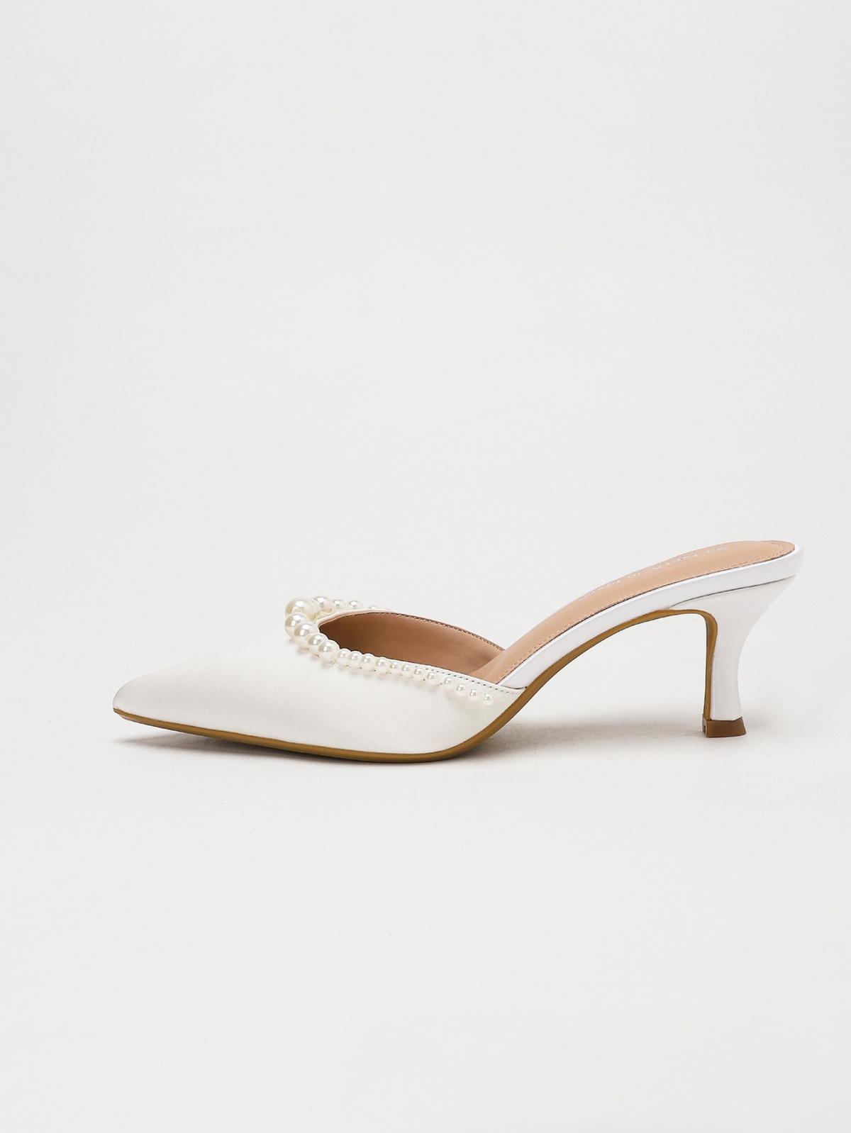 Moncelia ivory pearl trim satin mules, single mule in profile showing kitten heel, women's sizes 5 to 11.5
