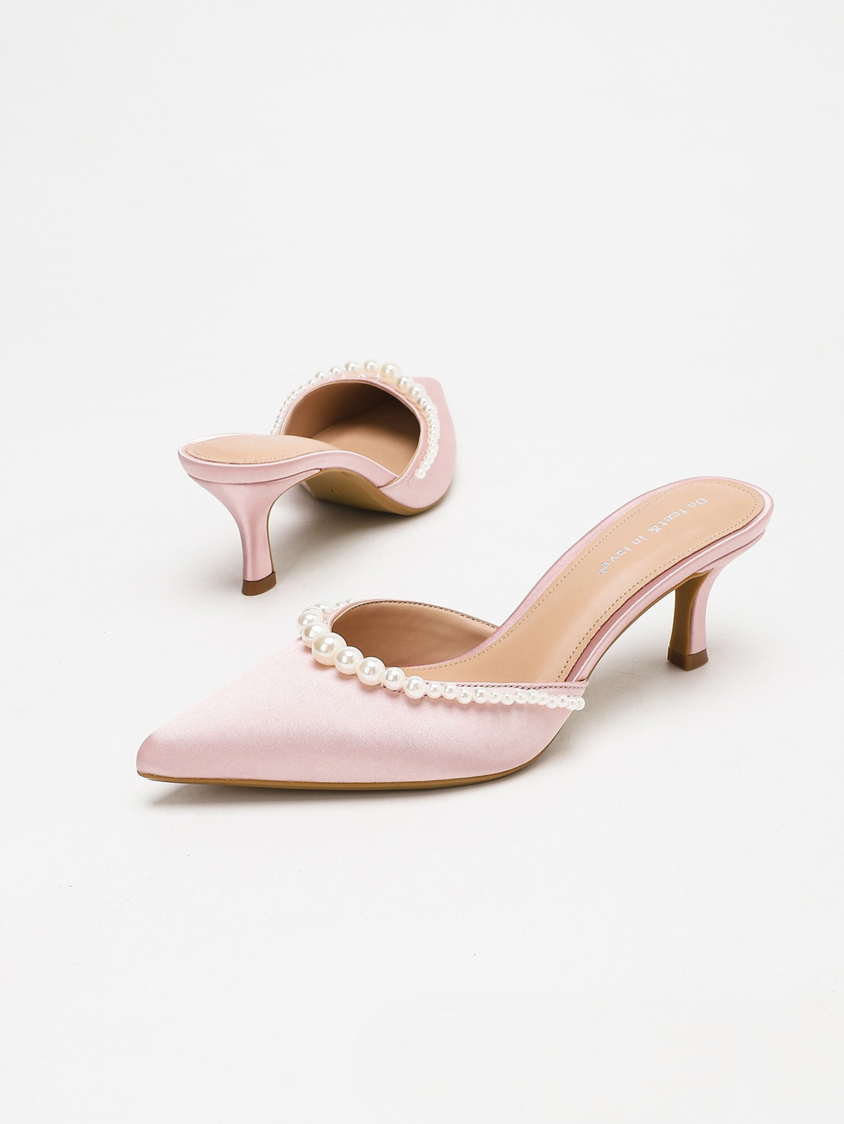 Moncelia pink pearl trim satin mules, pair showing pointed toe and open back, women's sizes 5 to 11.5