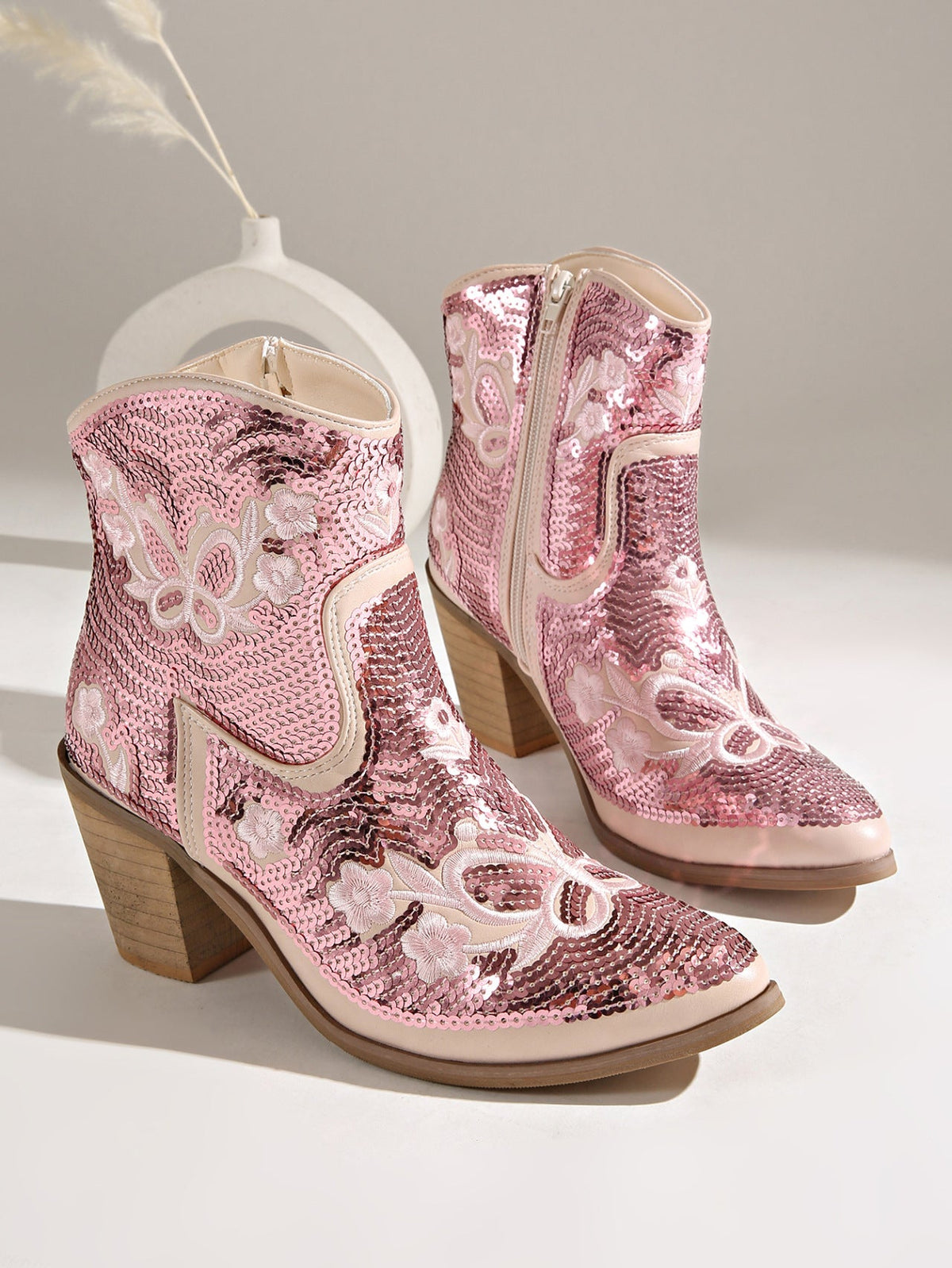 Moncelia pink sequin western ankle boots, pair shown with side zip and stacked heel, women's sizes 5.5 to 12