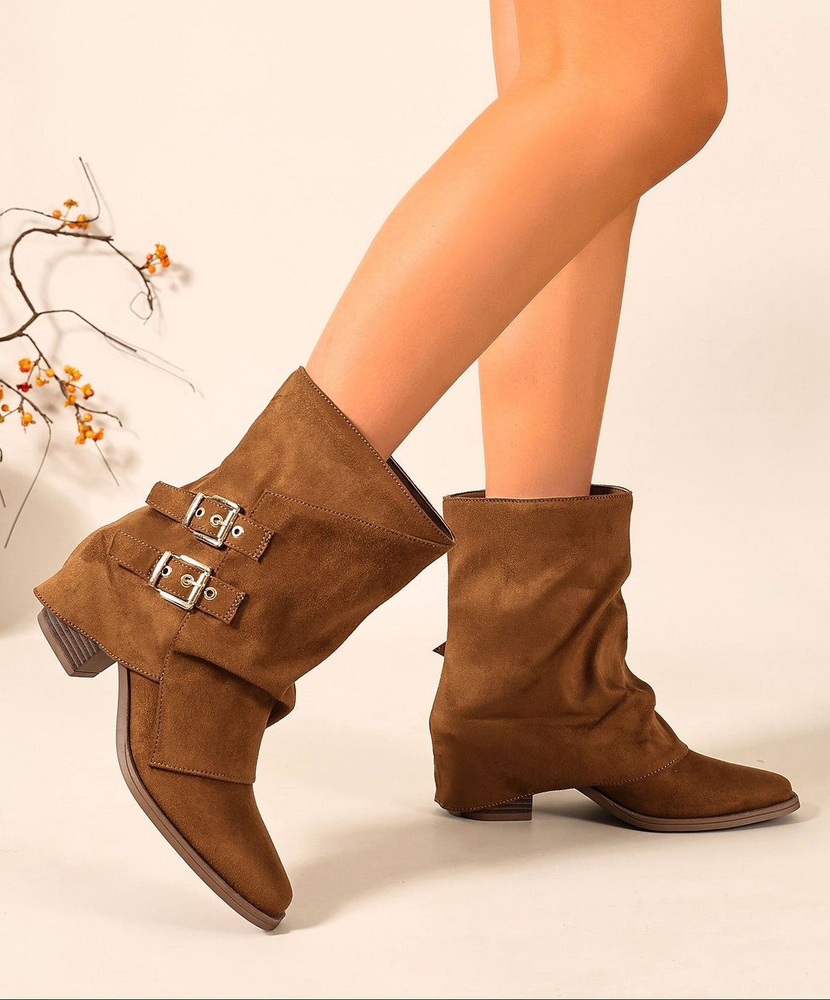 Moncelia brown ruched buckle slouch boots, worn on model, side view, women's sizes 5.5 to 11