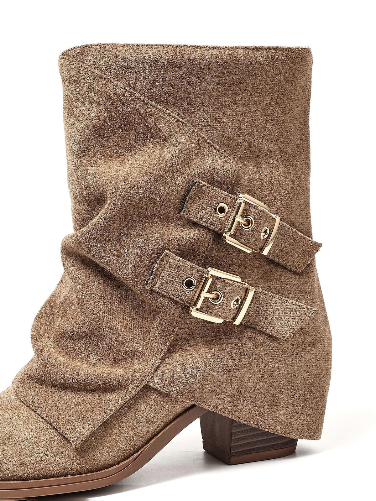 Moncelia olive ruched buckle slouch boots, close-up of twin buckle straps, women's sizes 5.5 to 11