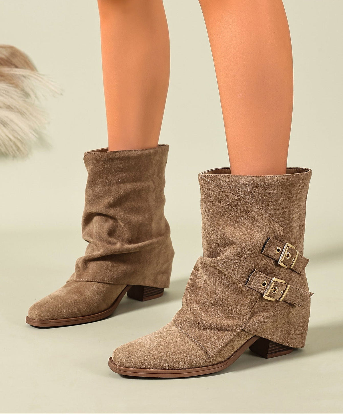 Moncelia olive ruched buckle slouch boots, worn on model showing ruched shaft, women's sizes 5.5 to 11
