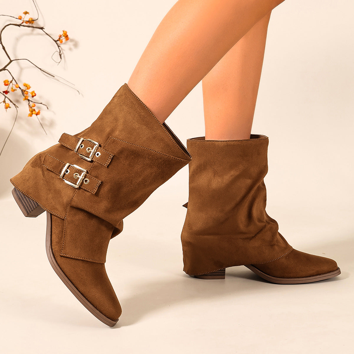 Moncelia brown ruched buckle slouch boots, worn on model showing buckles, women's sizes 5.5 to 11