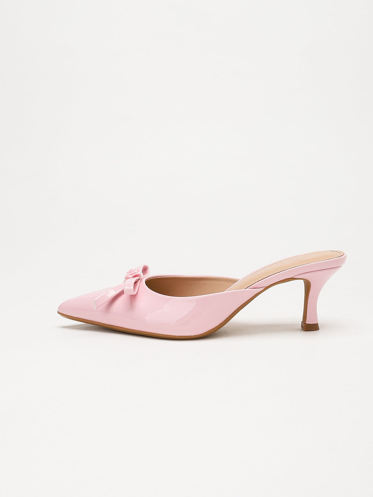 Moncelia pink bow pointed toe curved heel mules, single mule in profile showing heel, women's sizes 5 to 11.5