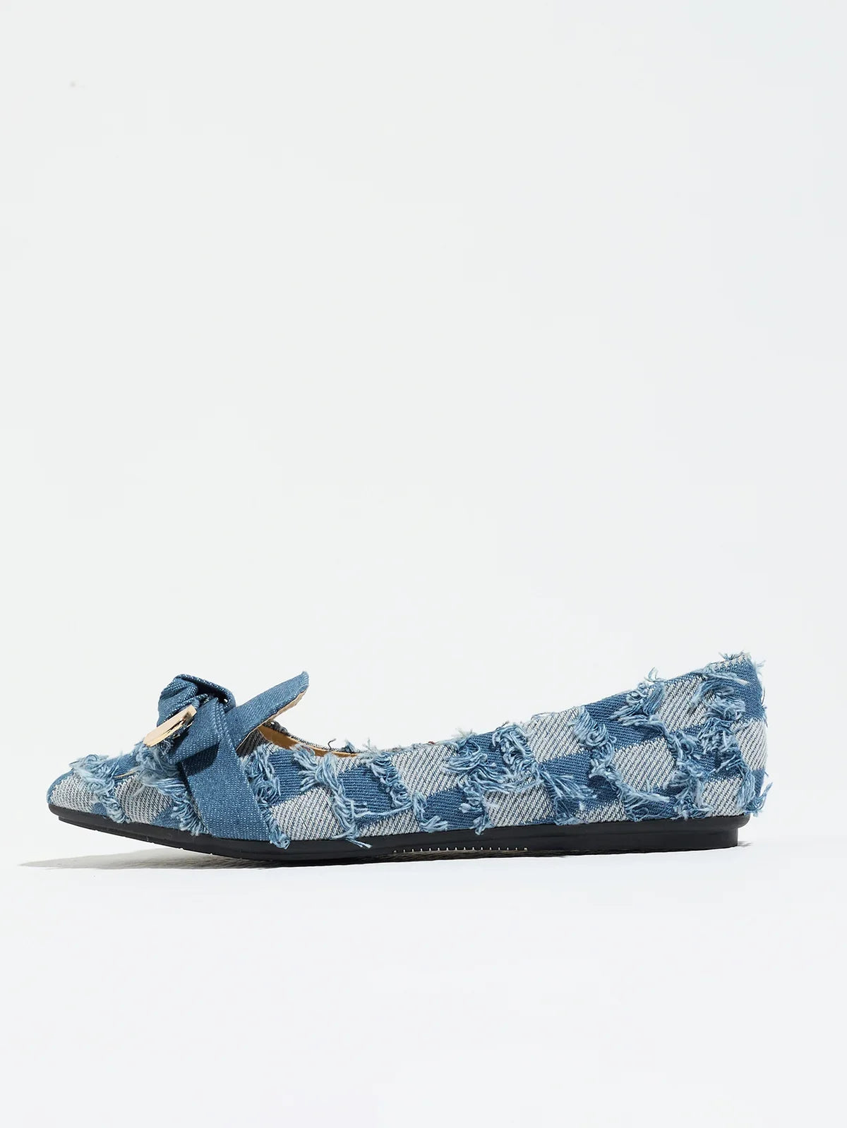 Moncelia navy plaid denim bow pointed toe flats, single shoe in profile, women's sizes 5 to 12