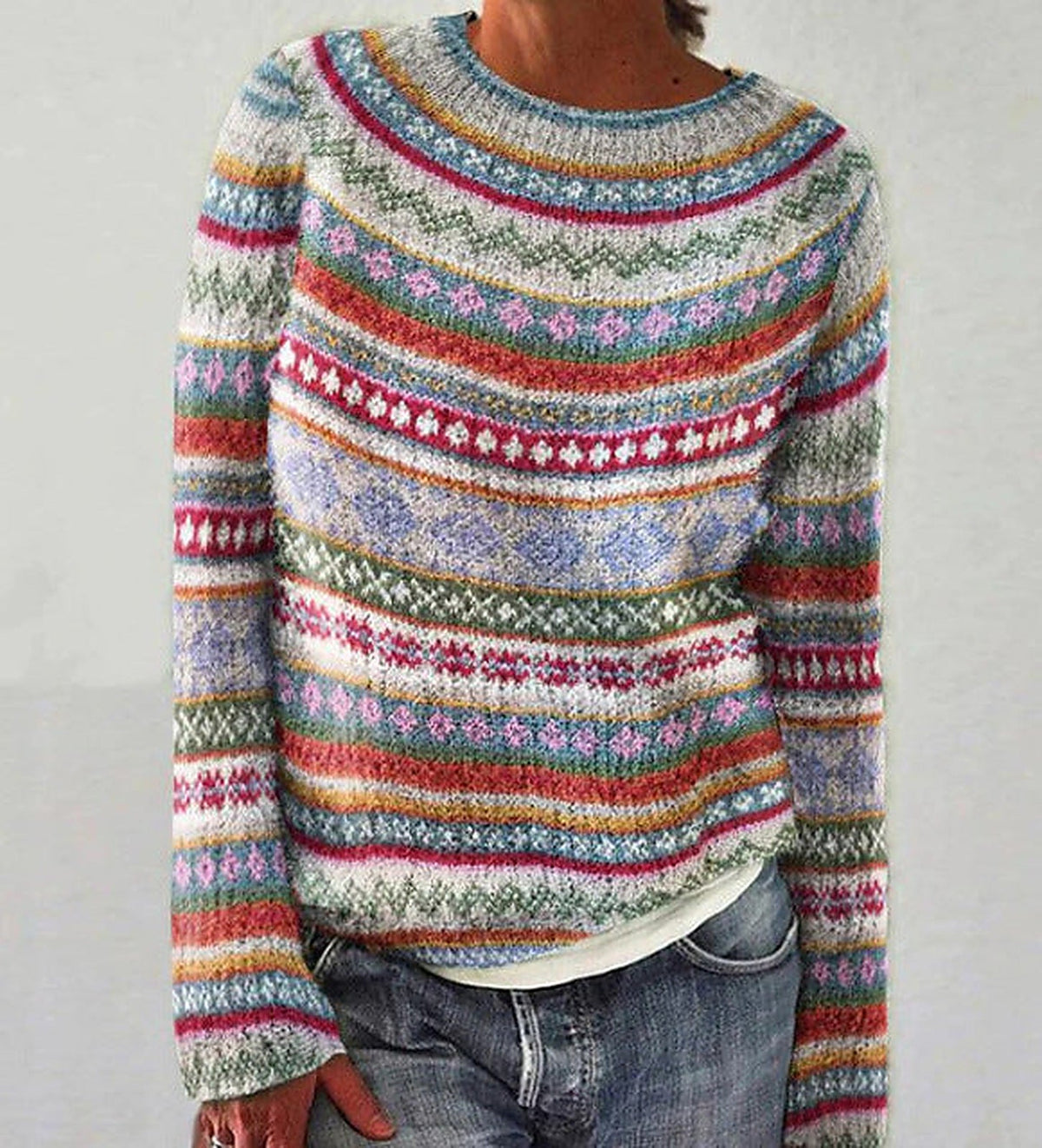 Moncelia Soline Fair Isle Yoke Crew Neck Sweater