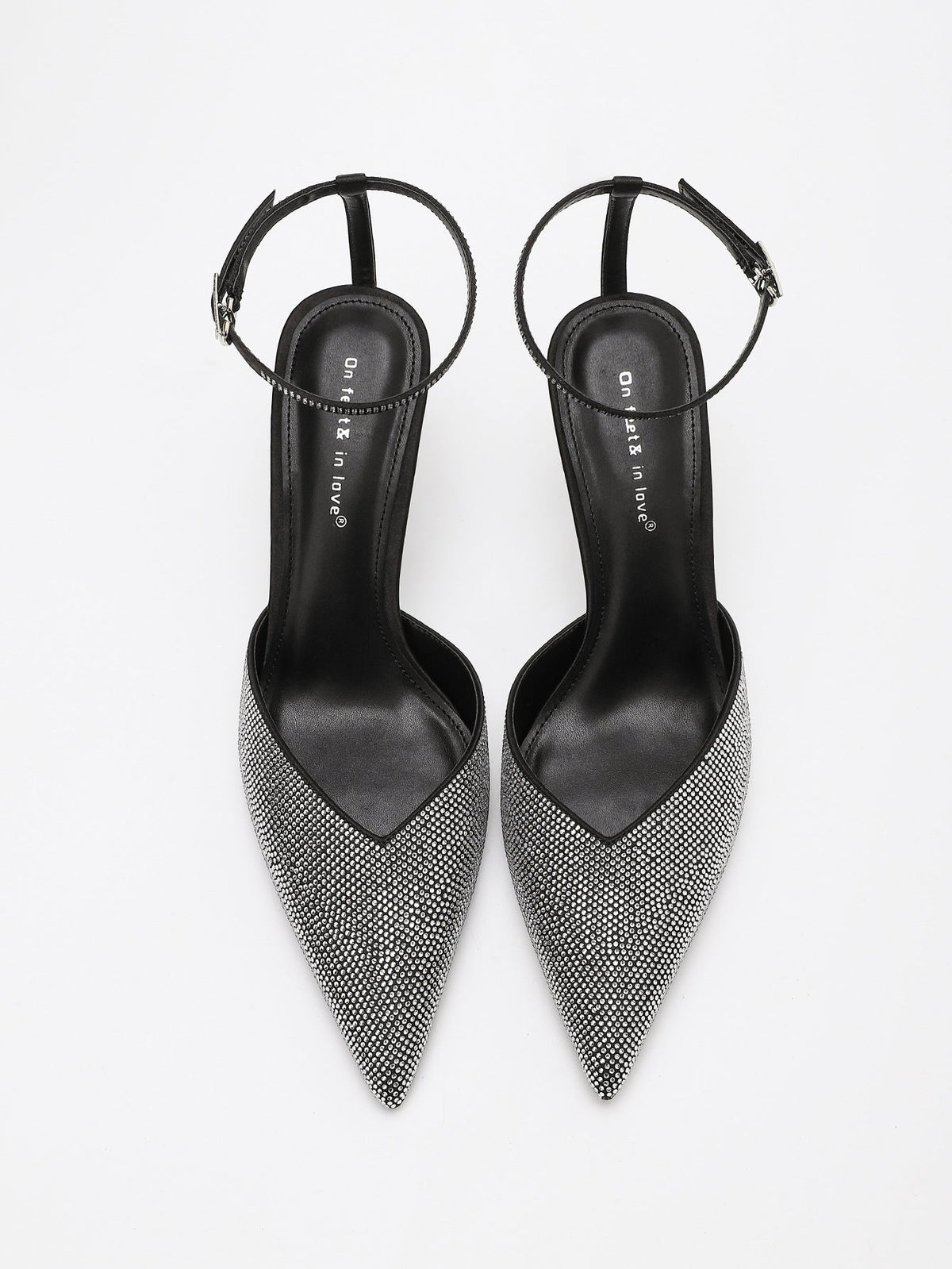 Moncelia black crystal paved pointed toe mules, pair shown from above, women's sizes 5 to 11.5