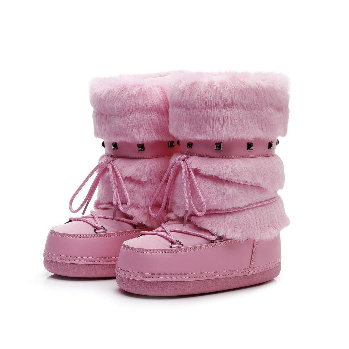 Moncelia pink faux fur snow boots, pair shown from the side showing lace-up front, women's sizes 5.5 to 9