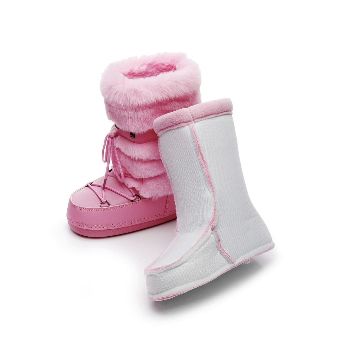 Moncelia pink faux fur snow boots, boot with removable liner shown beside it, women's sizes 5.5 to 9