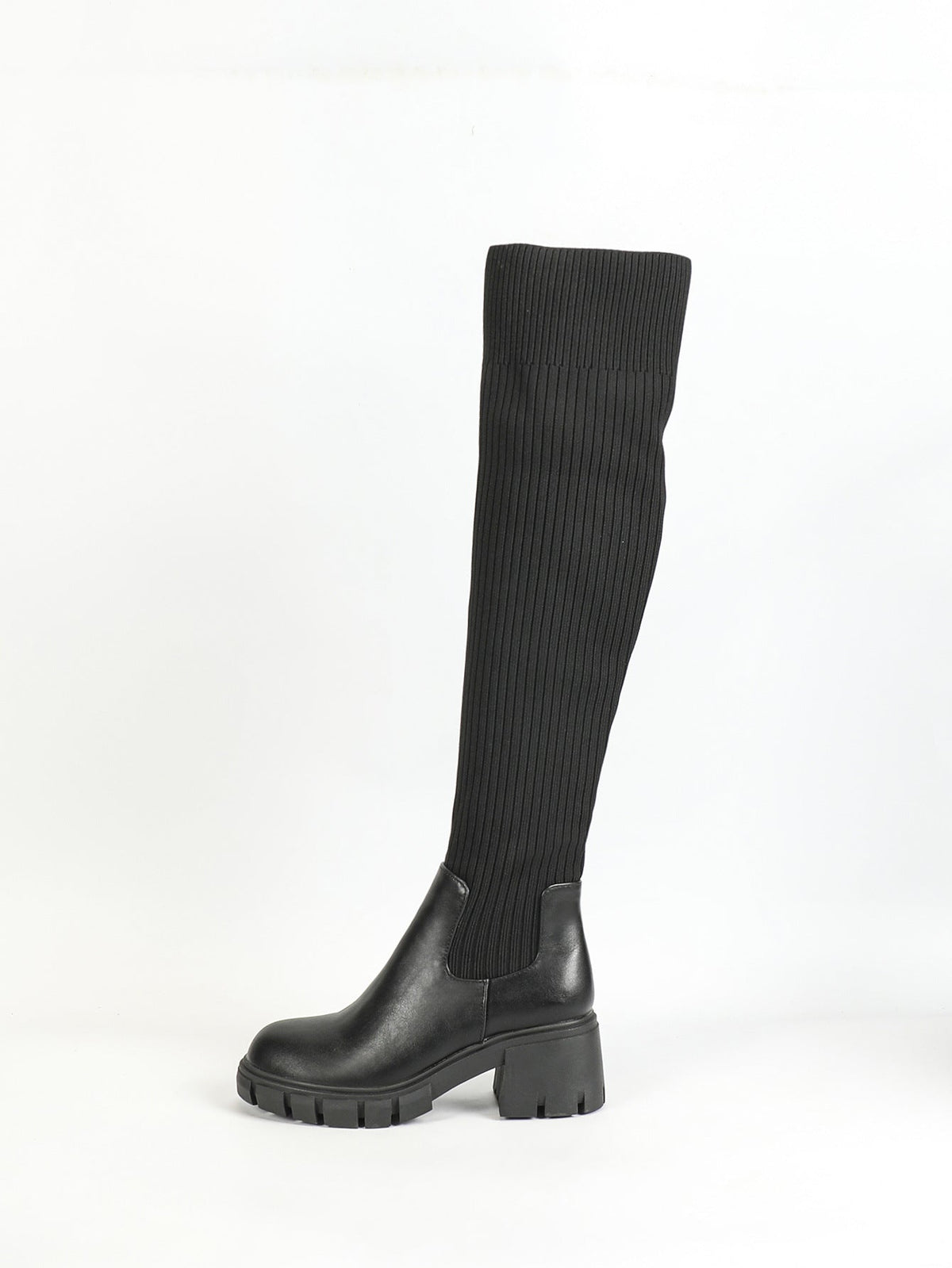 Moncelia black ribbed knit over-the-knee boots, single boot in profile, full shaft, women's sizes 5.5 to 12