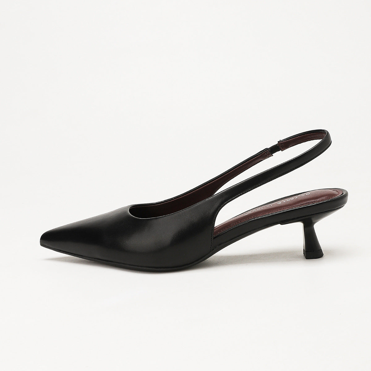 Moncelia black pointed toe slingback spool heels, single shoe in profile showing heel, women's sizes 5 to 11.5
