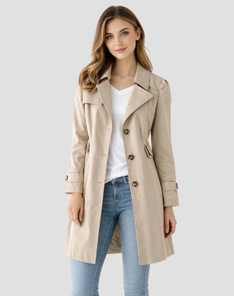 Woman wearing a double-breasted belted trench coat in fall