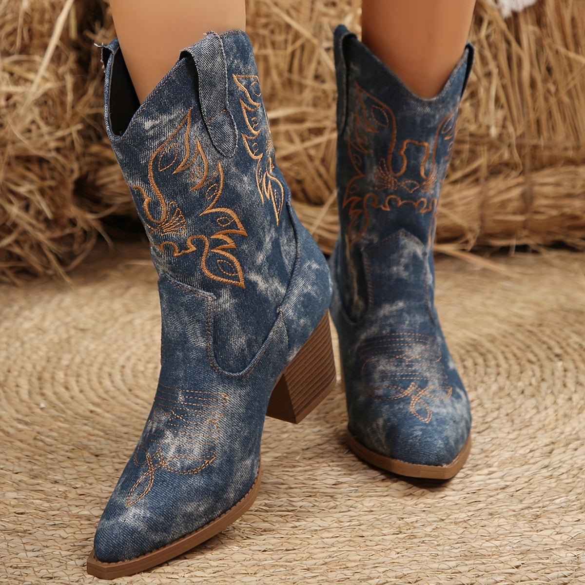Moncelia Roberta Denim-Look Mid-Calf Western Boots