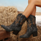Moncelia Roberta Denim-Look Mid-Calf Western Boots