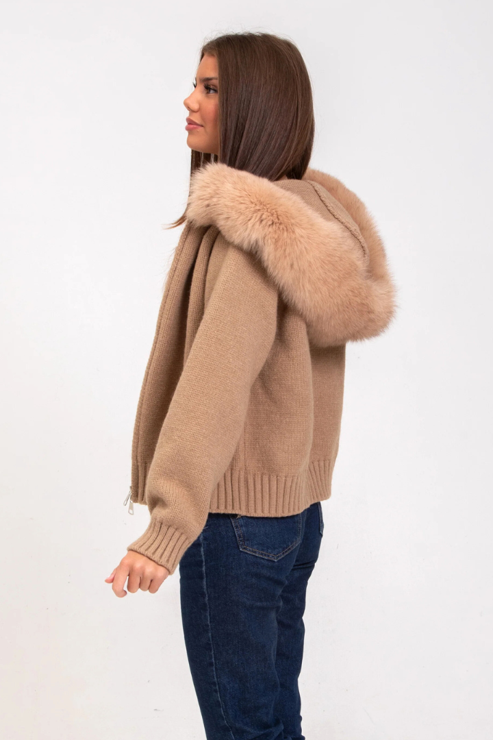 Moncelia Inga Faux Fur Hood Knit Bomber Jacket